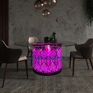 Round Dining Table Metal Frame and Acrylic Base Modern Design Led Light up Dining Tea Coffee Table for Home Garden Courtyard