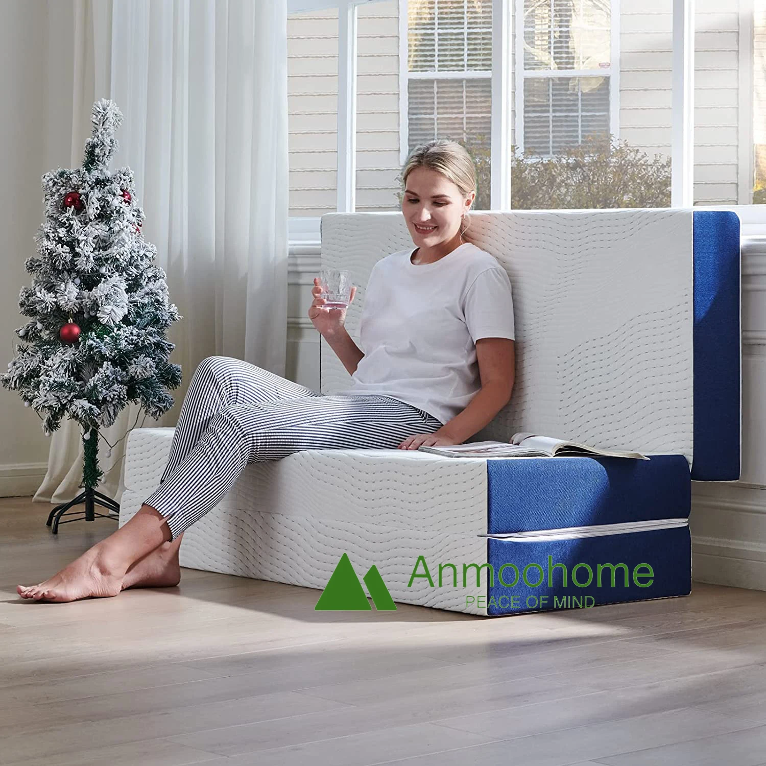 Blue And White Foldable Trifold Pad Mattress Removable Floor Mattress