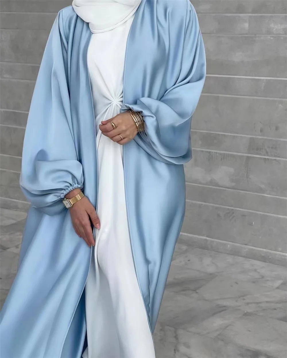 Satin Open Abaya Kimono Turkey Bubble Sleeve Abayas for Women Dubai Dress Islamic Clothing Modest Outfits Kaftan