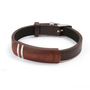 Hot Selling Wholesale Leather and Stainless Steel Wrist Wood Bracelet for Man