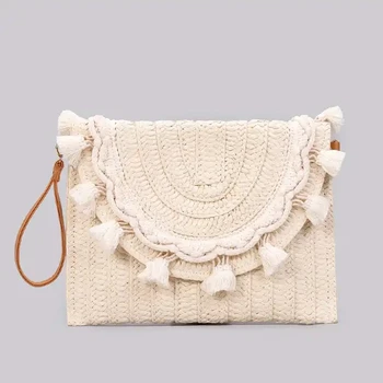Handmade Paper Straw Woven Clutch Flat Purse White Tassel Envelope Shoulder Bag Ladies Summer Beach Bag Women Handbag