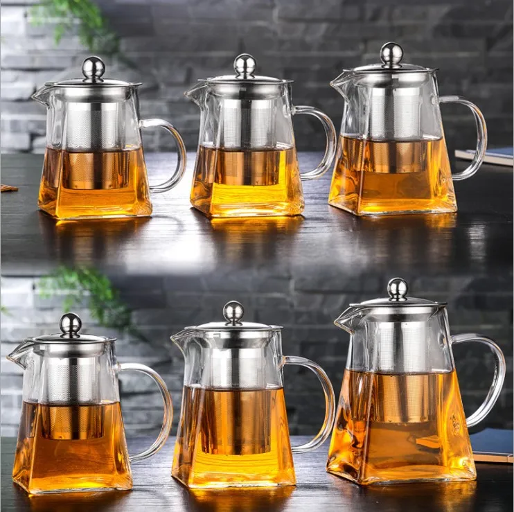Hot Sale 350ml 550ml 750ml 950ml Square Borosilicate Glass Teapot Decorative Tea Kettles with Stainless Steel Infuser