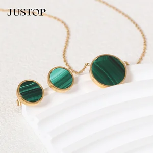 Green Natural Malachite Jewelry Set Gemstone for Women Necklace Earrings Fashion Stainless Steel 18K Gold Plating