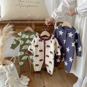 Autumn and Winter Outfits for Baby Boys Girls Rompers Korean Style Knitted Crawling Suit Newborn Cotton Button Jumpsuit