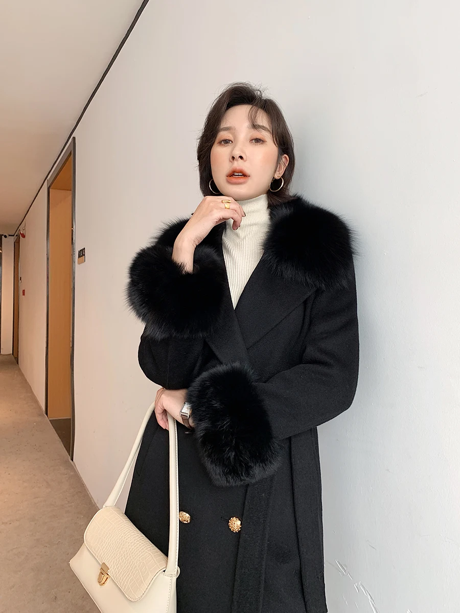 QIUCHEN QC19054 Fashion Cashmere Overcoat with Fox Fur Collar
