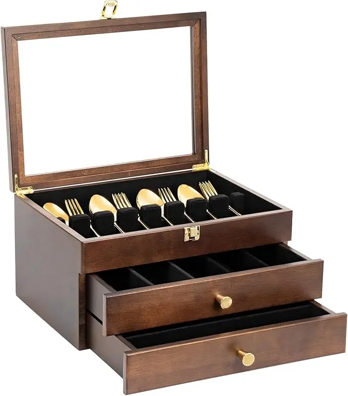 Wooden Silverware Chest with Glass Lid 2 Drawer Flatware Storage Box Felt Lined Cutlery Organizer for Kitchen Dining Utensils