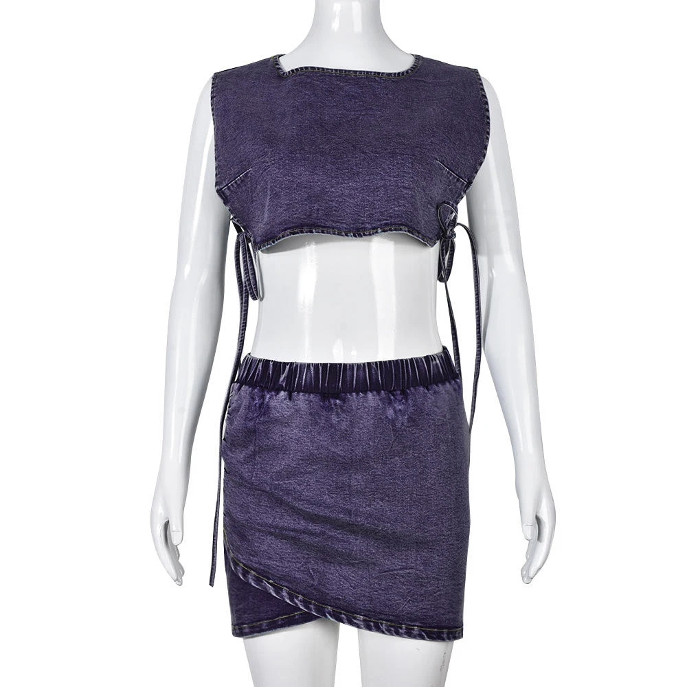 Charm Trending Products New Arrivals Two Piece Set Women Denim Clothing Denim Crop Top Denim Mini Skirt Set Women details