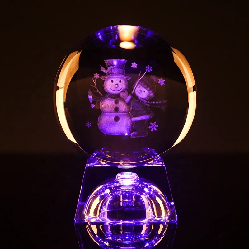 Hotsale Customized Snowman Led Base Glass Ball Universe Laser Engraved Crystal Ball 3D Gifts