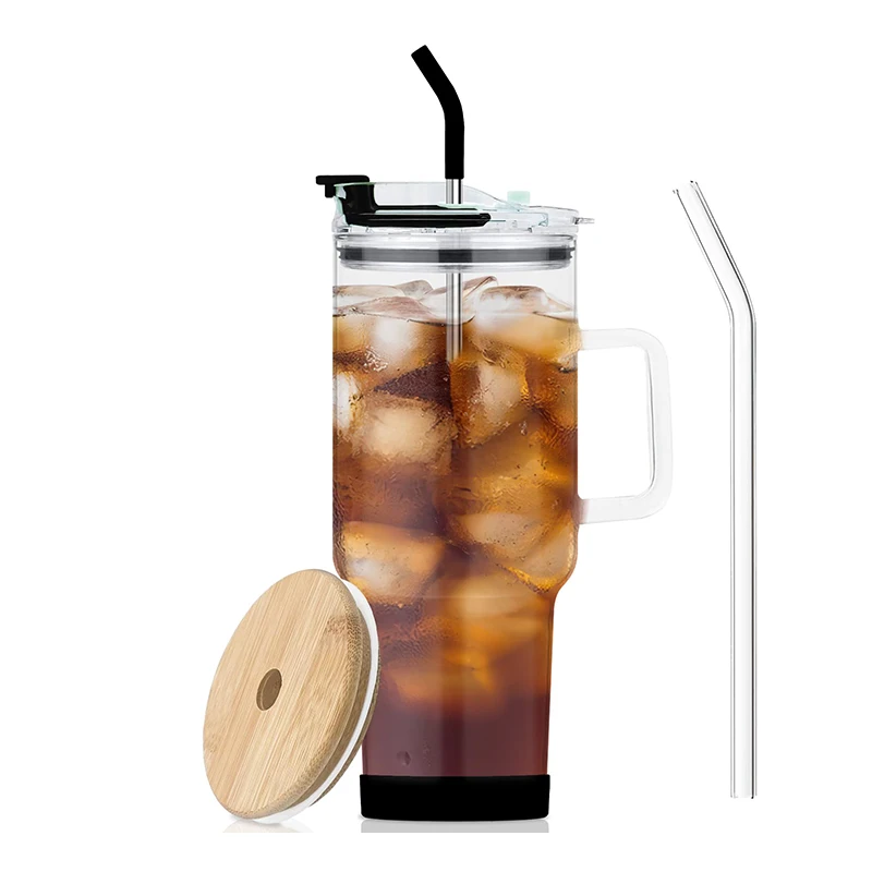 Custom 40 Oz Glass Tumblers With Handle Reusable Ice Coffee Cup Glass ...