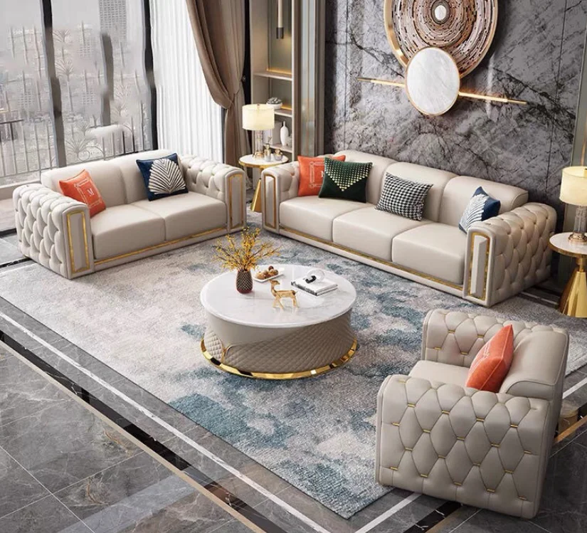 Factory Price Luxury Beige Sofa Set Furniture Velvet 1 2 3 Seat Gold ...