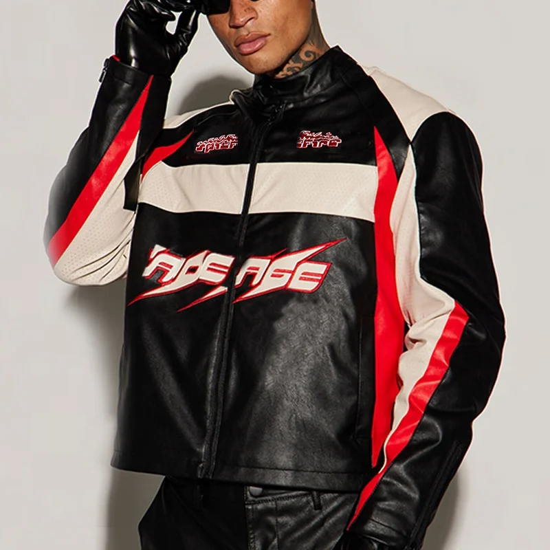 Men's Biker Racing Bomber Zipper Embroidered Patch Leather Crop Motorcycle Jacket For Men_voghion.com