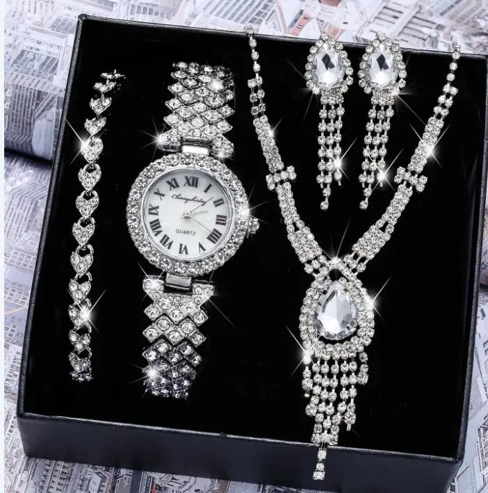 5 Pc Fashion Luxury Full Crystal Watch Set Diamond Necklace