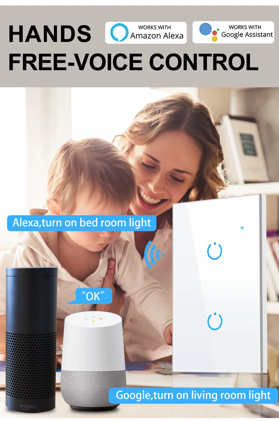 2 Gang Vertical Type Wifi Light Switch with Voice Control