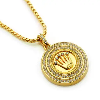 HipHop King Crown Shaped Pendant Necklace For Men Women Double Circle Crystal Gold Color Long Chain Necklaces Bling Jewelry