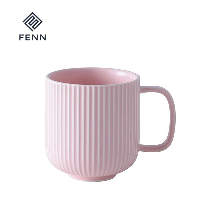 Home drinkware round striped matte pink porcelain teacups ceramic coffee mug set of 4 for gift or restaurant