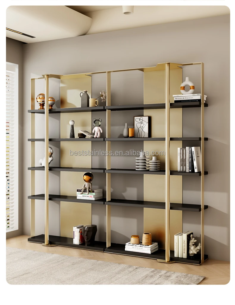 Book Shelves Frame Decoration Bookshelf Tall White Home Office Bookcase Gold Stainless Steel Modern Wooden Case Customized