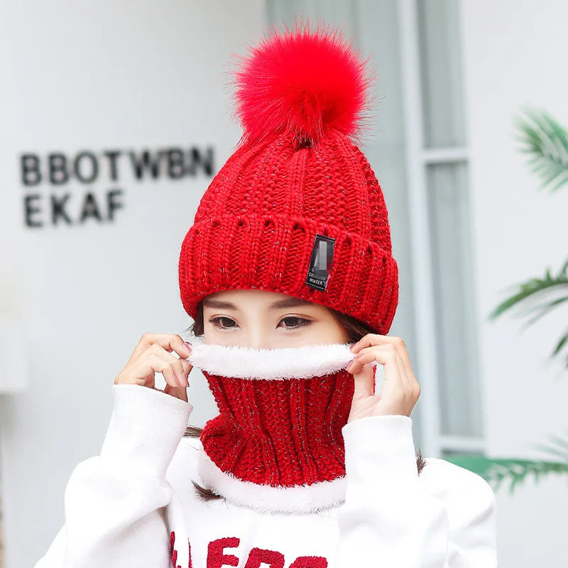 Outdoor Caps Knitted Wool Warm Scarf Thick Windproof Pom Pom Hat Scarf ...