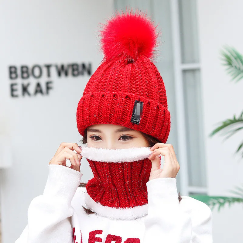 Outdoor Caps Knitted Wool Warm Scarf Thick Windproof Pom Pom Hat Scarf