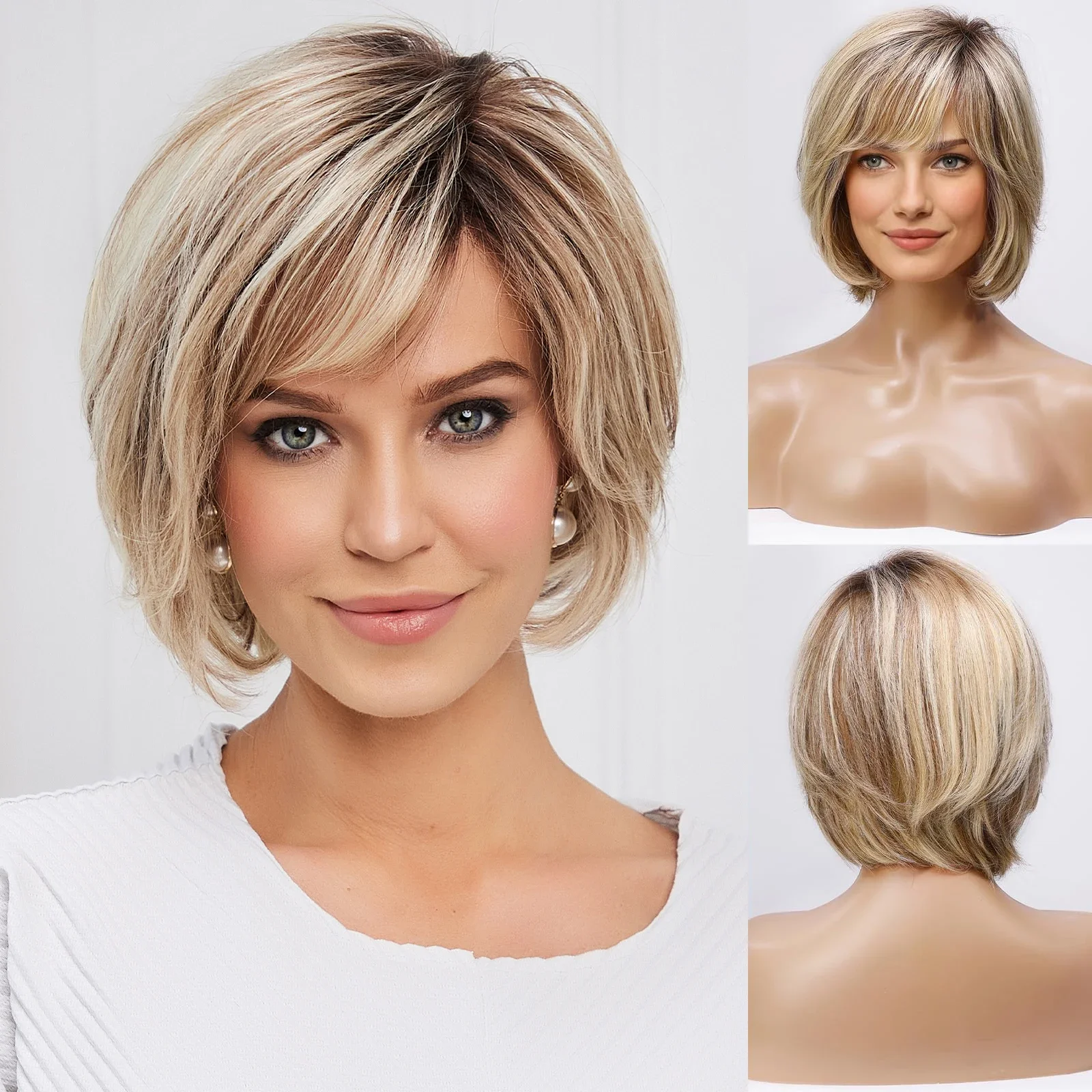 Parrucche frontali in pizzo con capelli umani biondi e castani ombré, corte, naturali e ondulate, Remy, per donne bianche_voghion.com