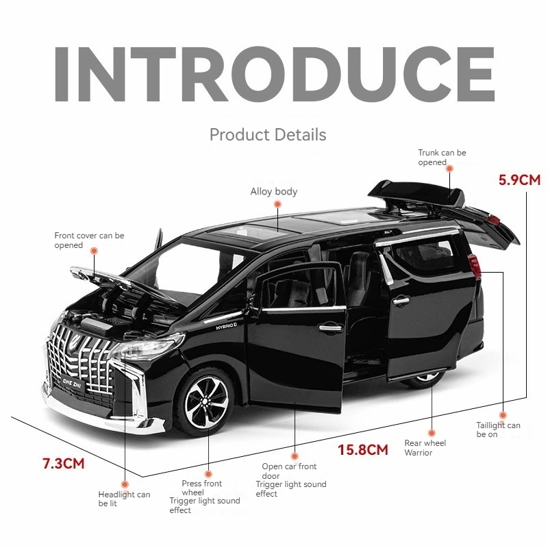 Diecast 1:32 Scale Model Car Toyota ALPHARD Alloy Car Model with Sound and Light Pullback Doors Open Ornament Decorate Toy Car