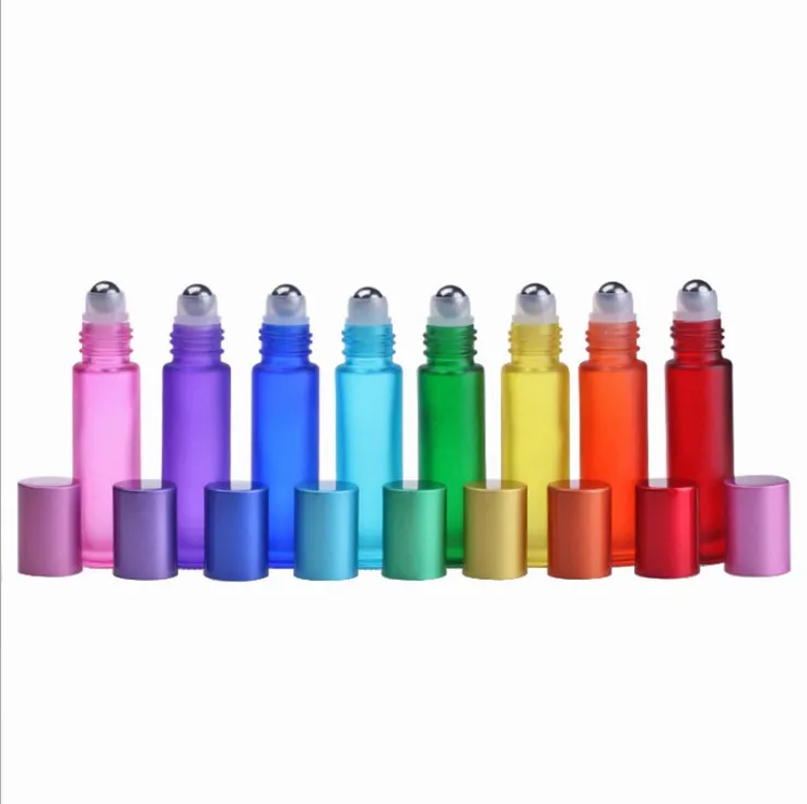 Multicolor Frosted Glass Roller  Perfume Bottle 5ml-10ml Capacity Essential Oil Cosmetic Jars 2ml Capacity Multicolor Lid