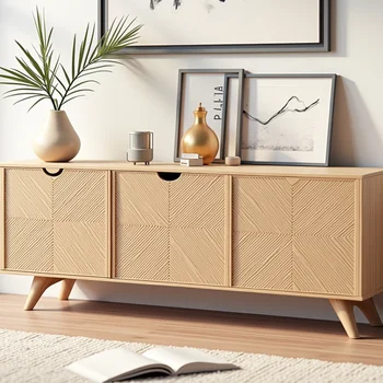 Modern Two-Tone Farmhouse Wooden Coffee Bar Storage Cabinet Fluted Doors Side Board Buffet Console Table for Living Room