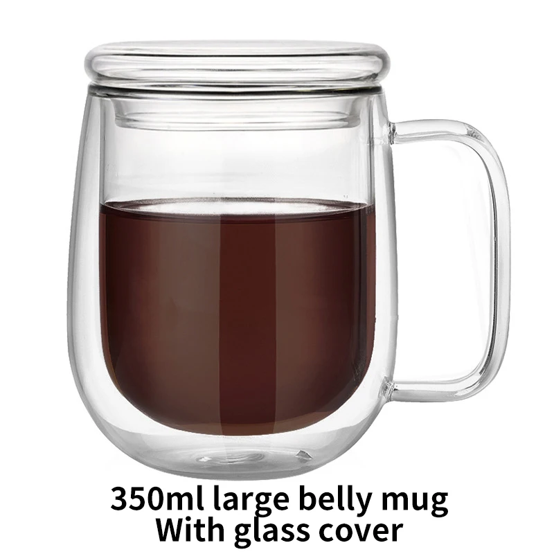 Оптовая продажа, прозрачная кофейная кружка из боросиликатного стекла 350 мл, изолированная двойная стеклянная кофейная чашка эспрессо с ручкой