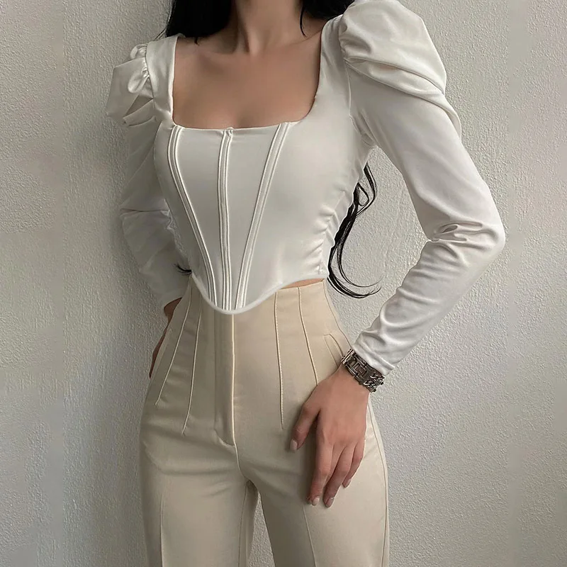 Spring Autumn Casual Vintage Square Collar Puff Sleeve Ladies Trendy Crop Top Fashion Sexy Slim Blouses Elegant Women