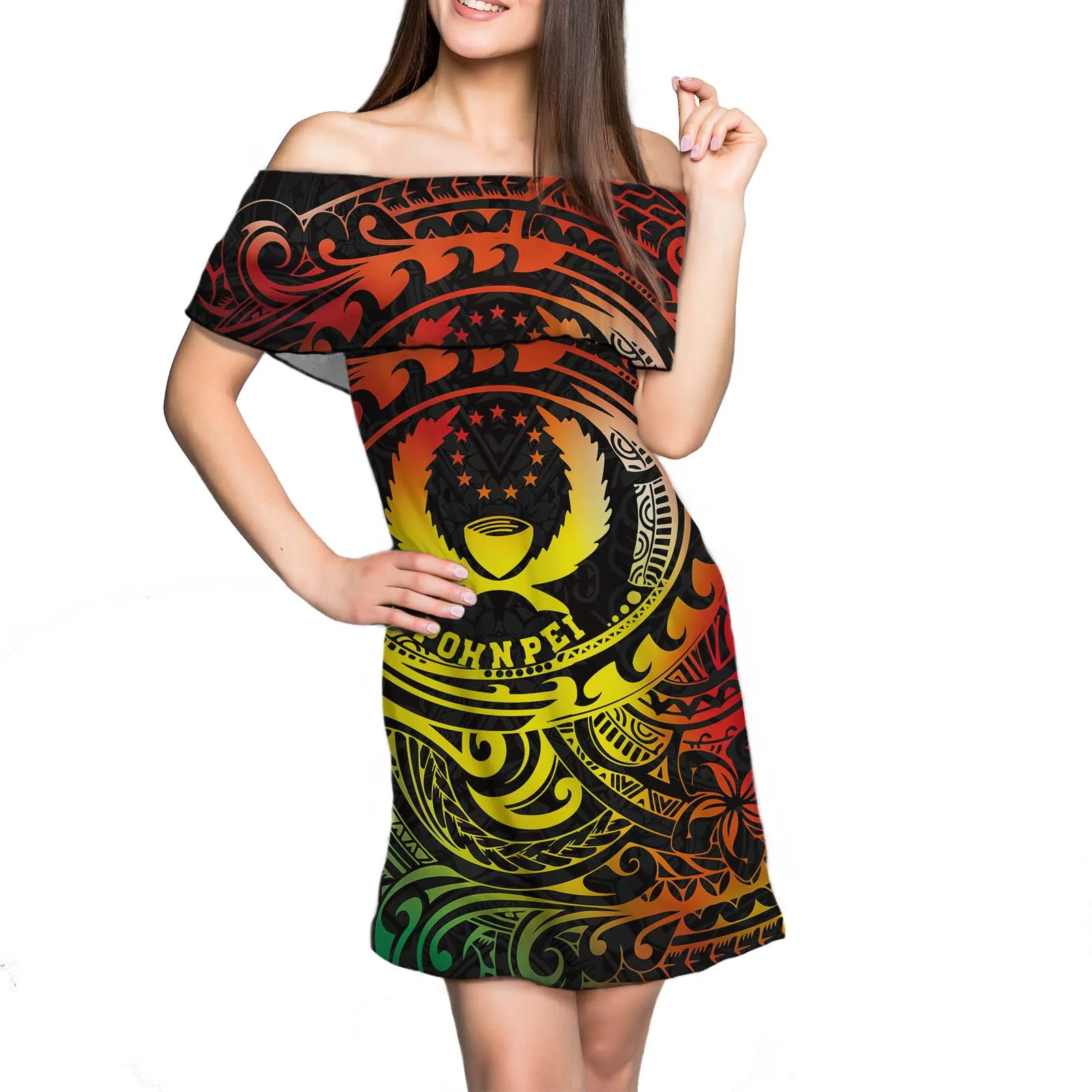 Custom 1MOQ Hawaii Style Floral Pattern Short Dresses Women Evening Gowns Lady Slim Chic Off Shoulder Dress Female