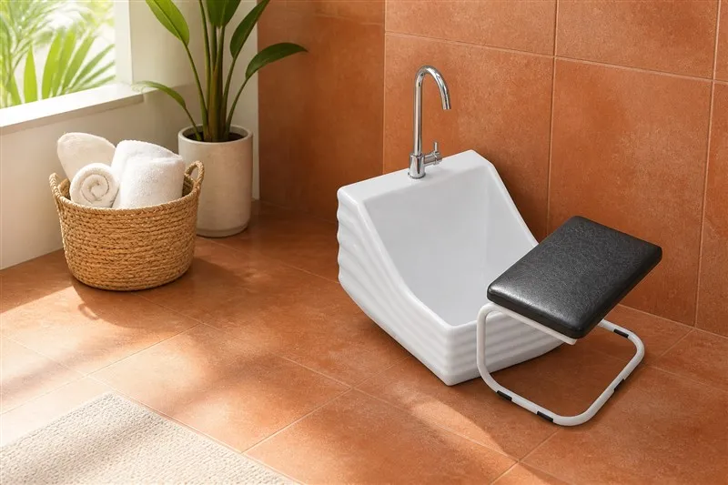 Low white ceramic wudu basin in a warm-climate bathroom with terracotta tiles and bright light