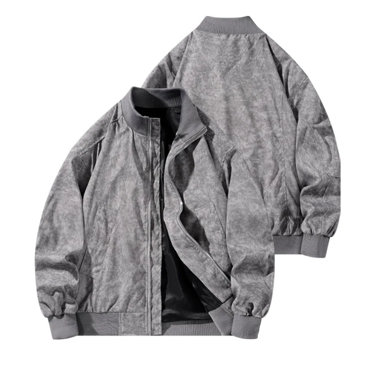 Retro washed grey bomber jacket, men's stand-up collar zip-up casual street style coat