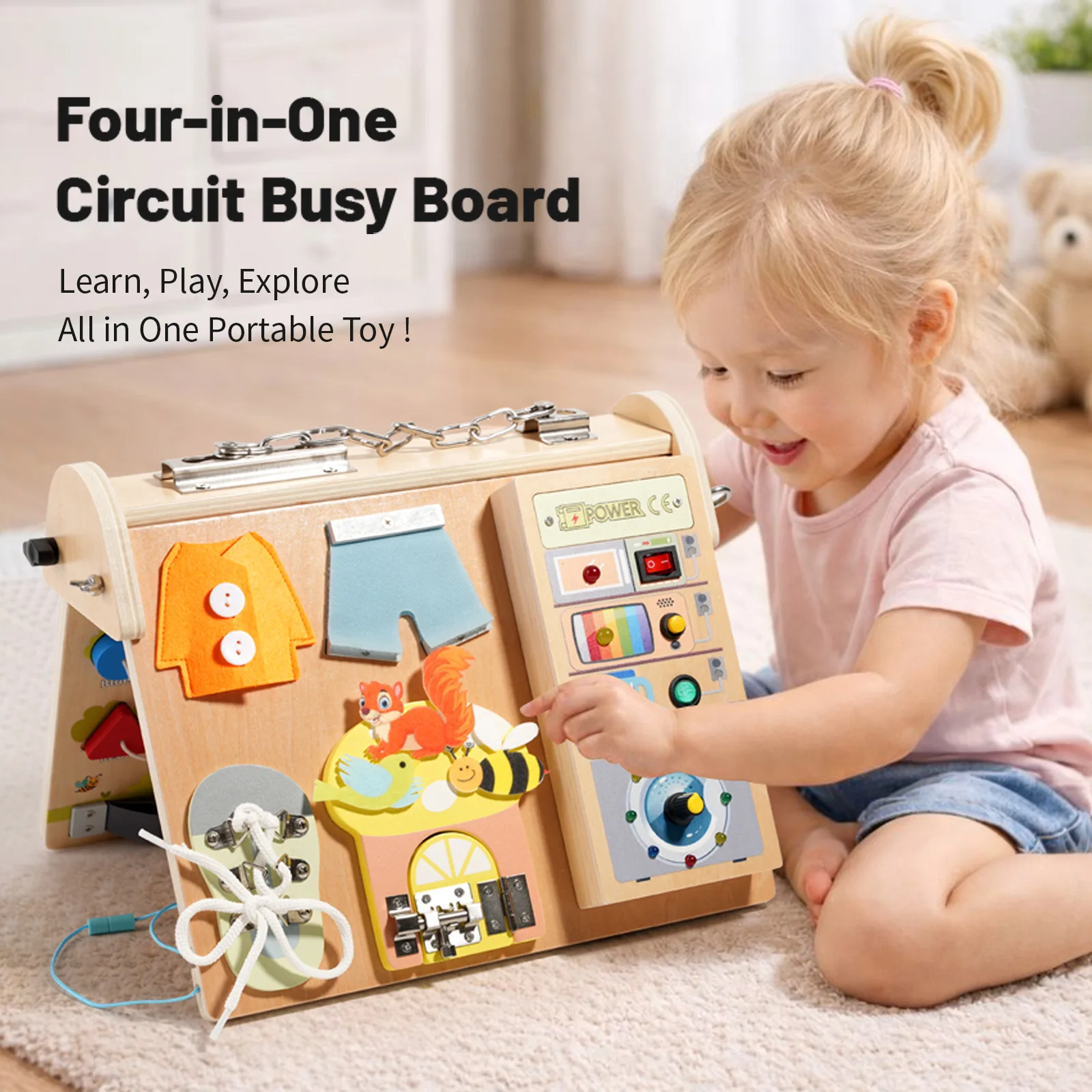 لوحة أنشطة كهربائية خشبية متعددة الوظائف للأطفال من شركة Qiaike، ألعاب تعليمية مونتيسوري خشبية، لوحة أنشطة متكاملة (أربعة في واحد) وأدوات تدريسية