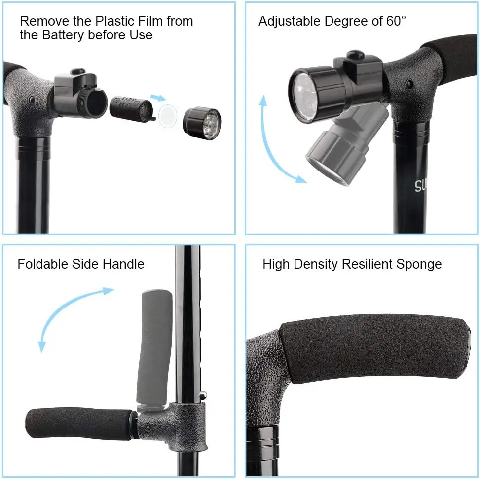 Self Standing Fold Cane With 4 Feet And Light For Elder And Disabled