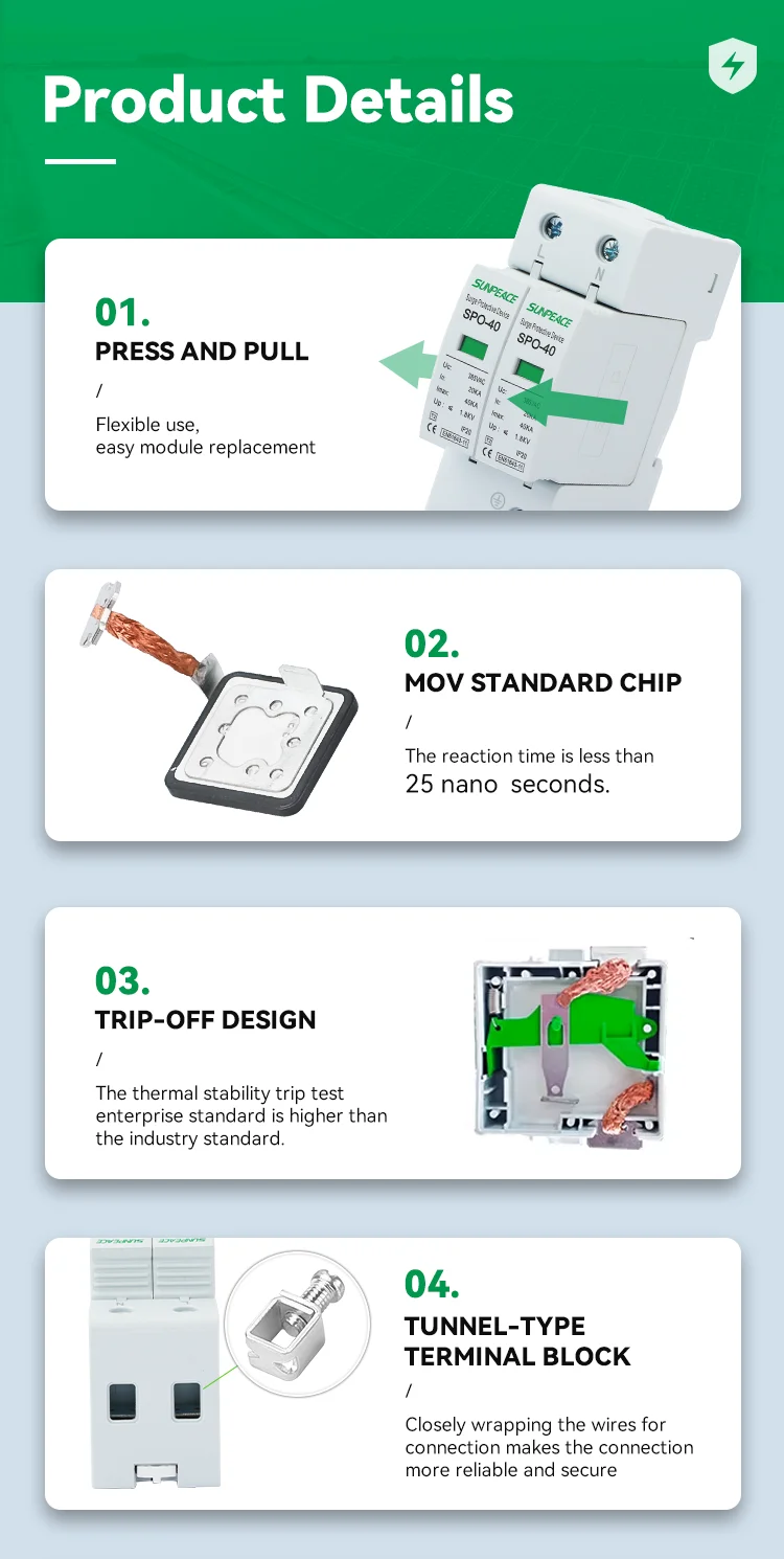Manufacturer Factory Price OEM ODM Solar DC PV 1P 2P 3P 4P T2 20KA 40KA DC SPD surge protector device 7 Manufacturer Factory Price OEM ODM Solar DC PV 1P 2P 3P 4P T2 20KA 40KA DC SPD surge protector device 7