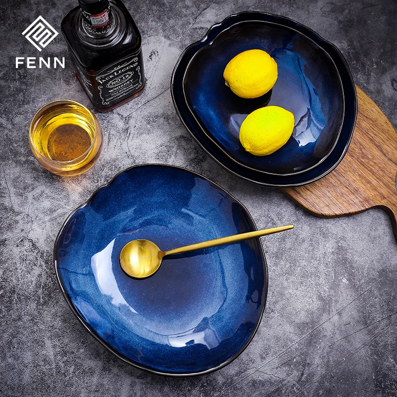 product fenn luxury ceramic tableware modern hotel dish plate blue glazed porcelain catering dinner soup plate set dish  plate-57