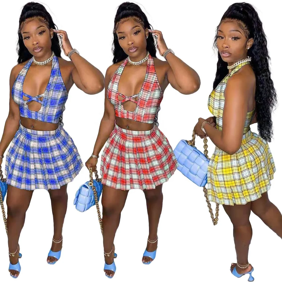 Hot Selling Women's Summer Clothing 2022 High Waisted Sexy Girls Mini Skirt  Ladies Short Pleated Plaid Skirts for Women