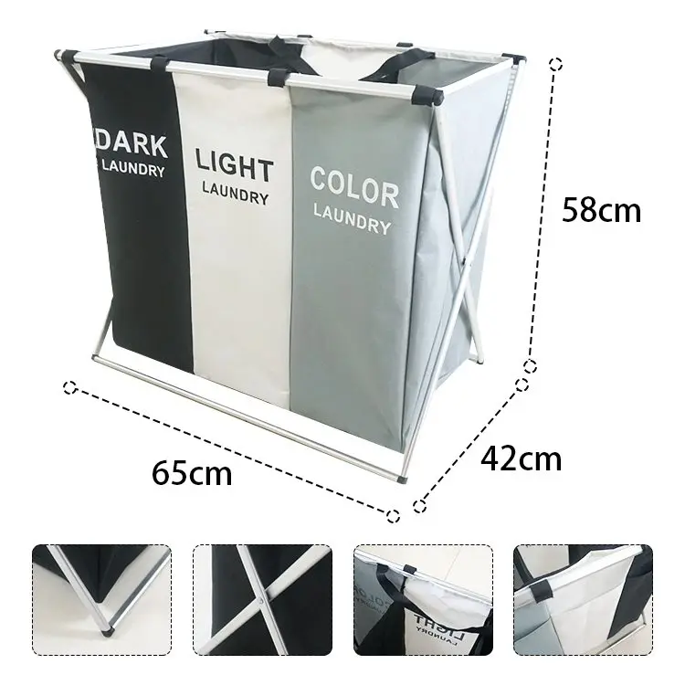 3 Section Laundry Hamper Compartments Foldable Collapsible Canvas Laundry Basket With Metal Rack