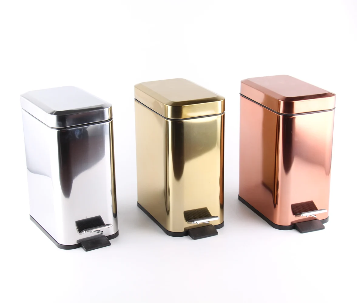 Chrome/Golden/Copper Square Trash Can/Pedal Bin with Plastic Inner Bucket