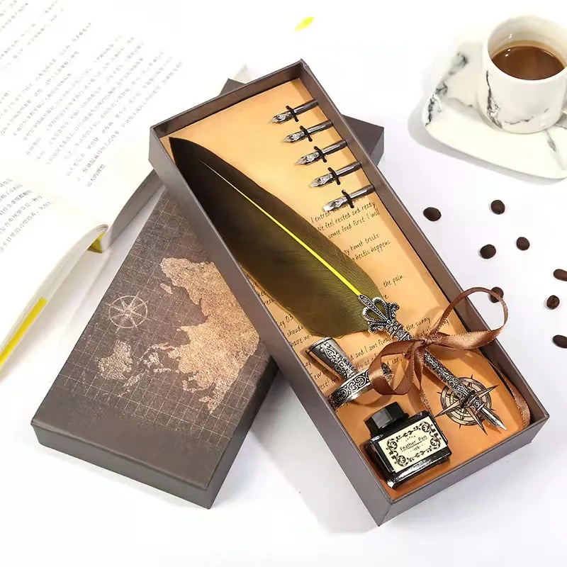 HUAWELL Set Penna Antica Con Piuma E Calamaio – 5 Punte Ricambio, Inchiostro, Regalo Di Lusso In Scatola - 2