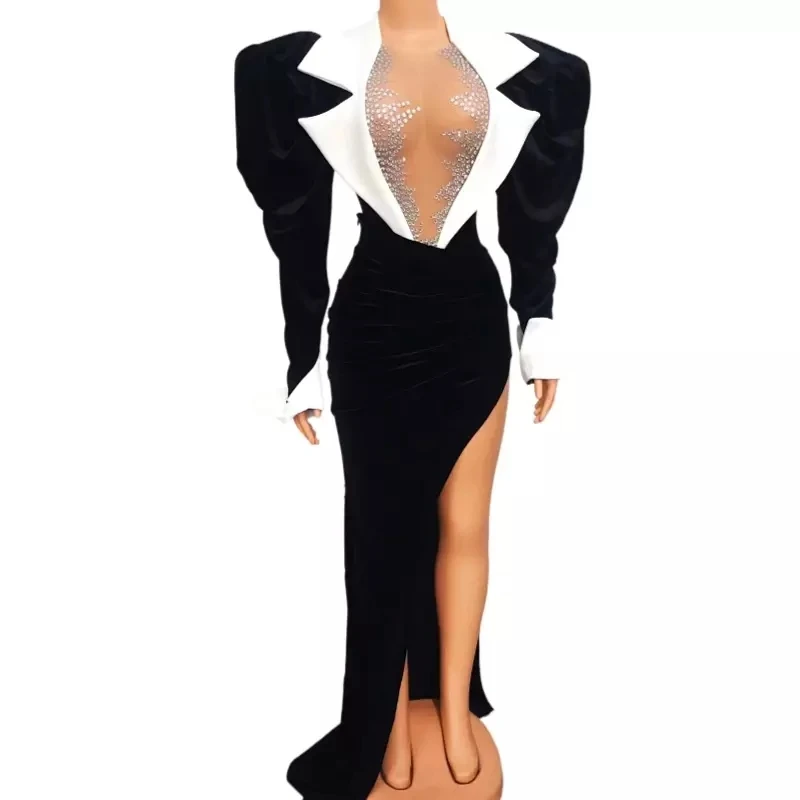 Певица черного цвета в винтажном стиле; Платье с рукавами-фонариками бархат со стразами пикантные Клубные костюм для выступления на сцене, боди, юбка для женщин вечернее платье