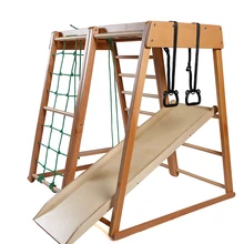Kids indoor sports physical fitness training climbing and sliding rope exploration wooden climber amusement equipment