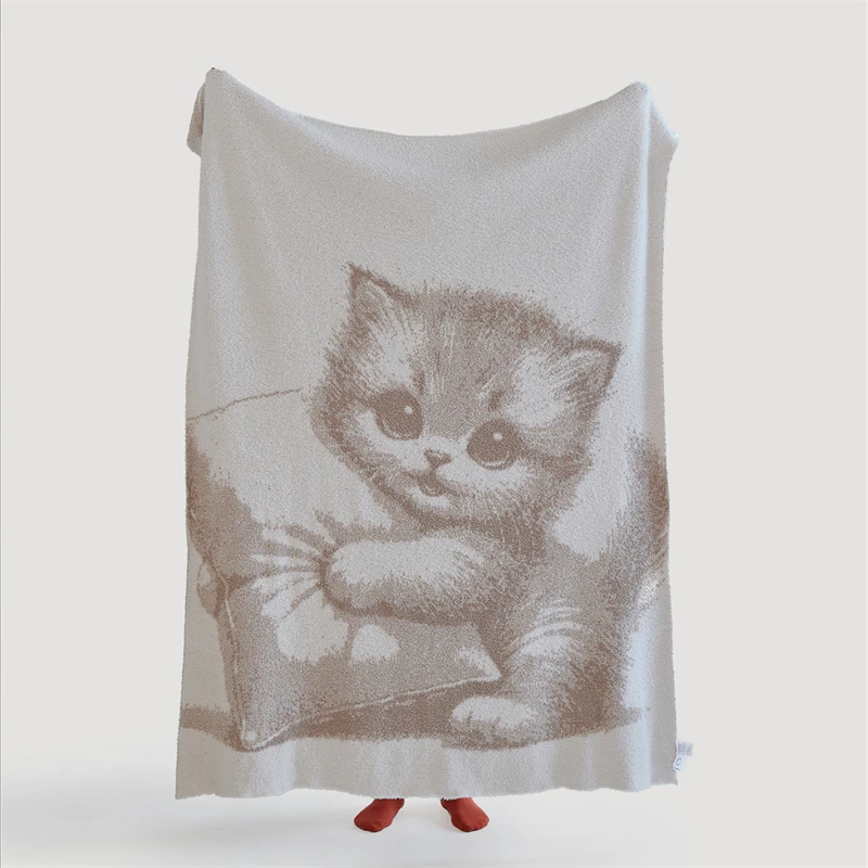 WA Cute New Soft Warm Cat Pattern 100% Polyester Microfiber Knitted Throw Blanket Home Decoration Custom Sofa Custom Winter