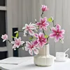 ดอกแมกโนเลีย (สีชมพู 1 ดอก, สีม่วง 1 ดอก) ในแจกันกลีบดอกสีครีม
