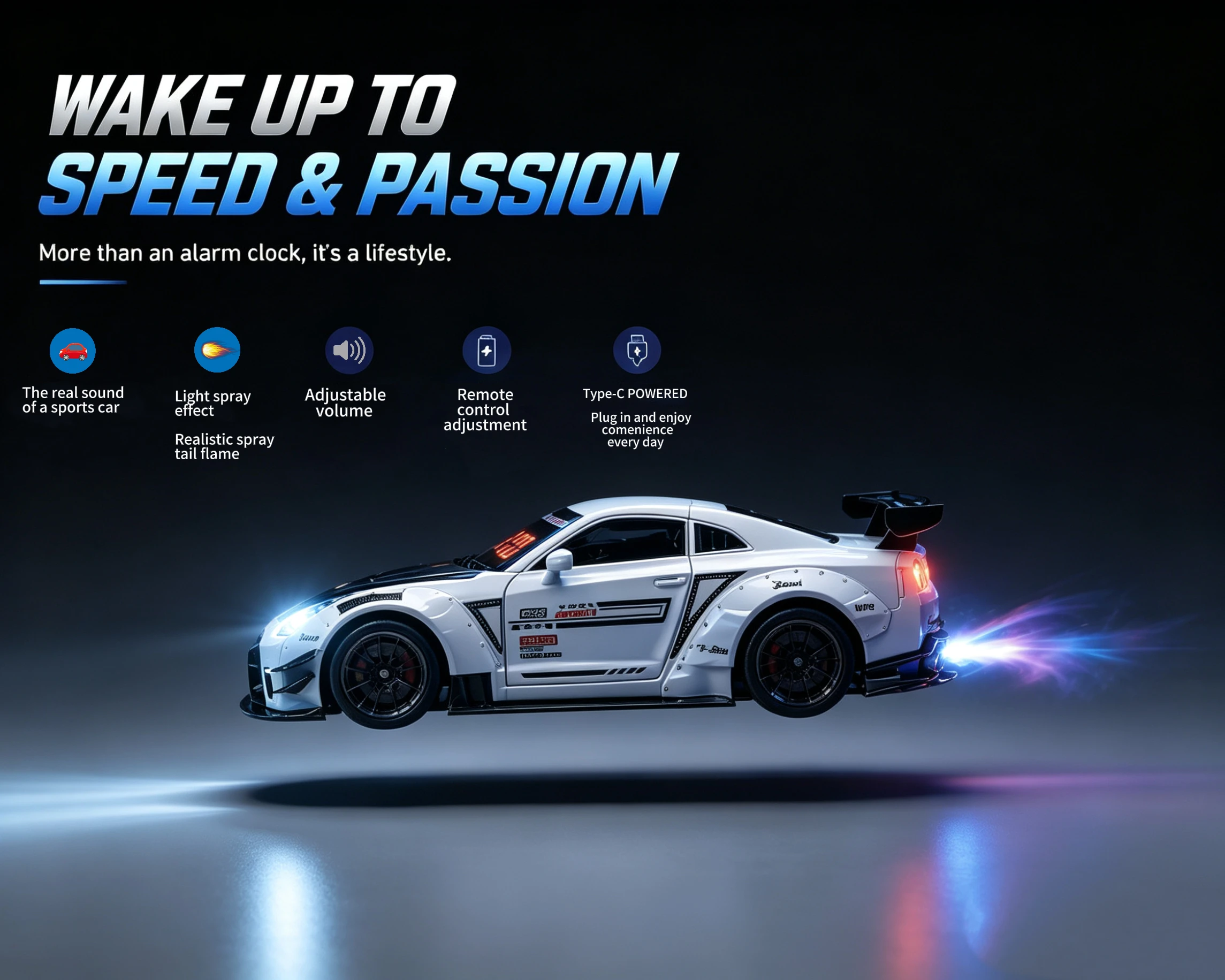 Alarm Clock White/Black Realistic Engine and Light Effects Home Daily Use for Hypercar Alloy Spray Version
