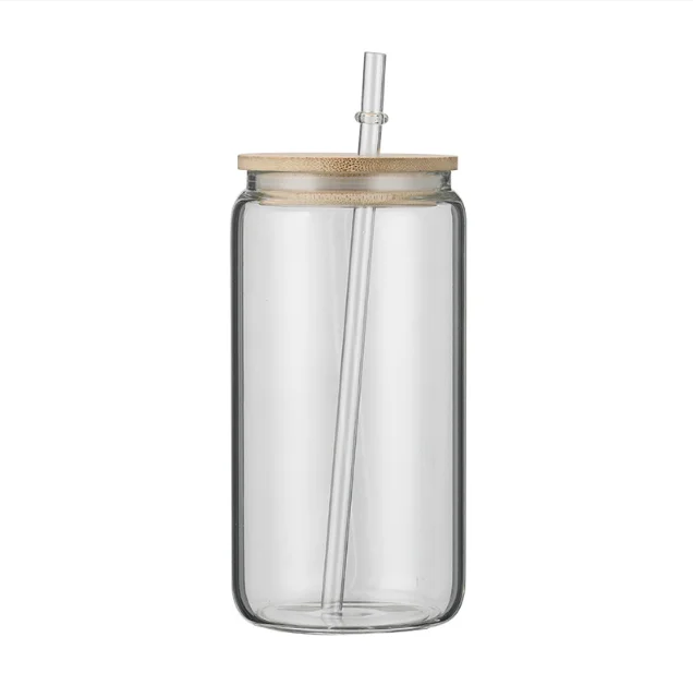 Drinking Glasses with Bamboo Lids and Glass Straws, 12oz Beer