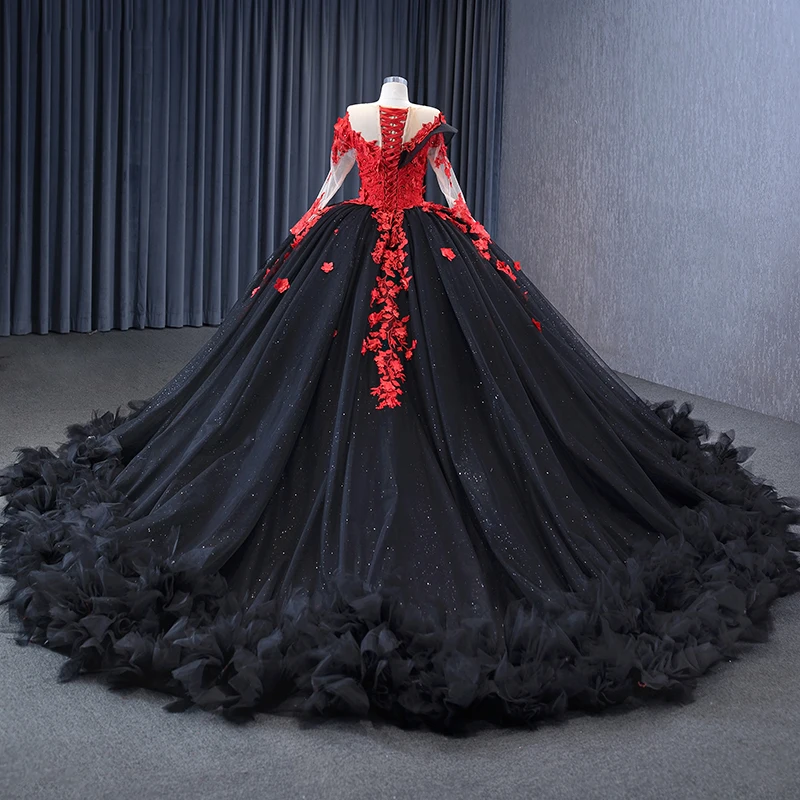 open lace back dress Black and Red Sparkly Floral Lace Prom Ball Gown Off the Shoulder Quin –  Viniodress