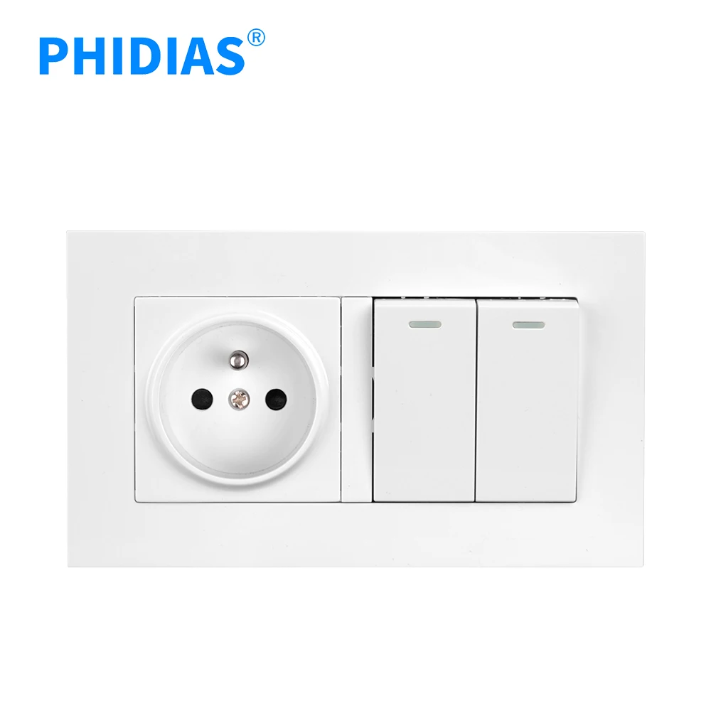 PHIDIAS EU Standard PC Material 2 Gang Push Button Light Control Wall Switch with Neon 16A Electric Power French Wall Socket
