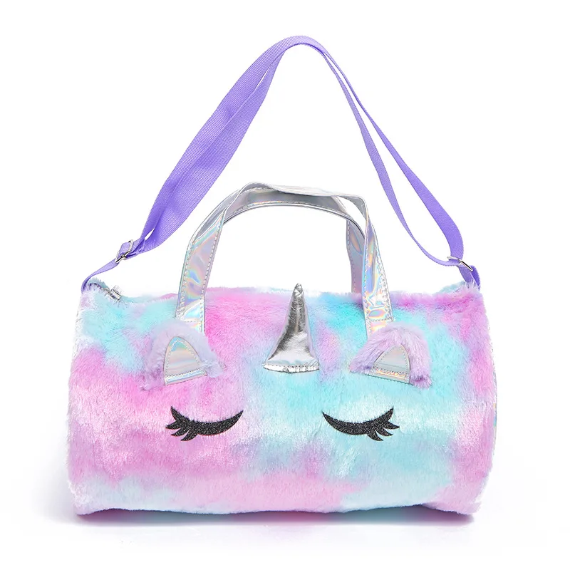 Under One Sky Kids' Small Unicorn Faux Fur Trim Ombre Duffle Bag In Rainbow