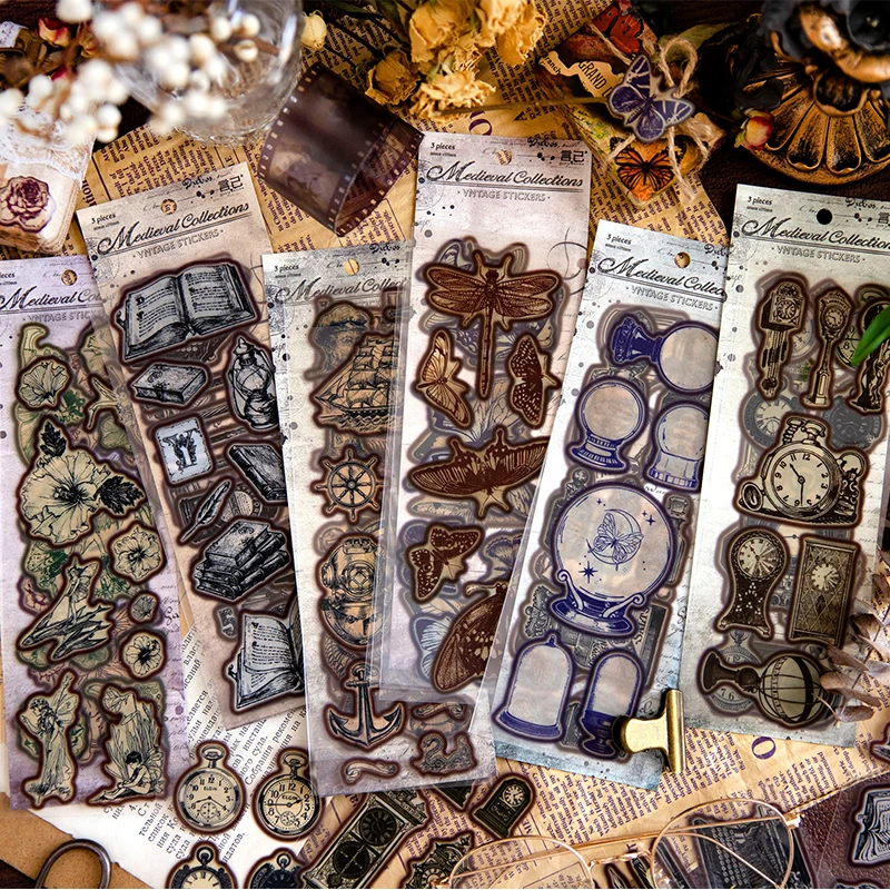 3pcs Medieval Collection Vintage Scrapbook Stickers Aesthetic Stickers For Journaling
