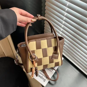 Suede Stitching PU Woven Zipper Lightweight Autumn Winter New Frosted Contrast Crossbody Vintage Fashion Handbag Women's Bag